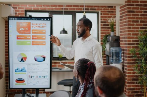 Business man using monitor to do financial presentation, explaining growth and development to coworkers in boardroom. Employee talking about marketing strategy and data analysis